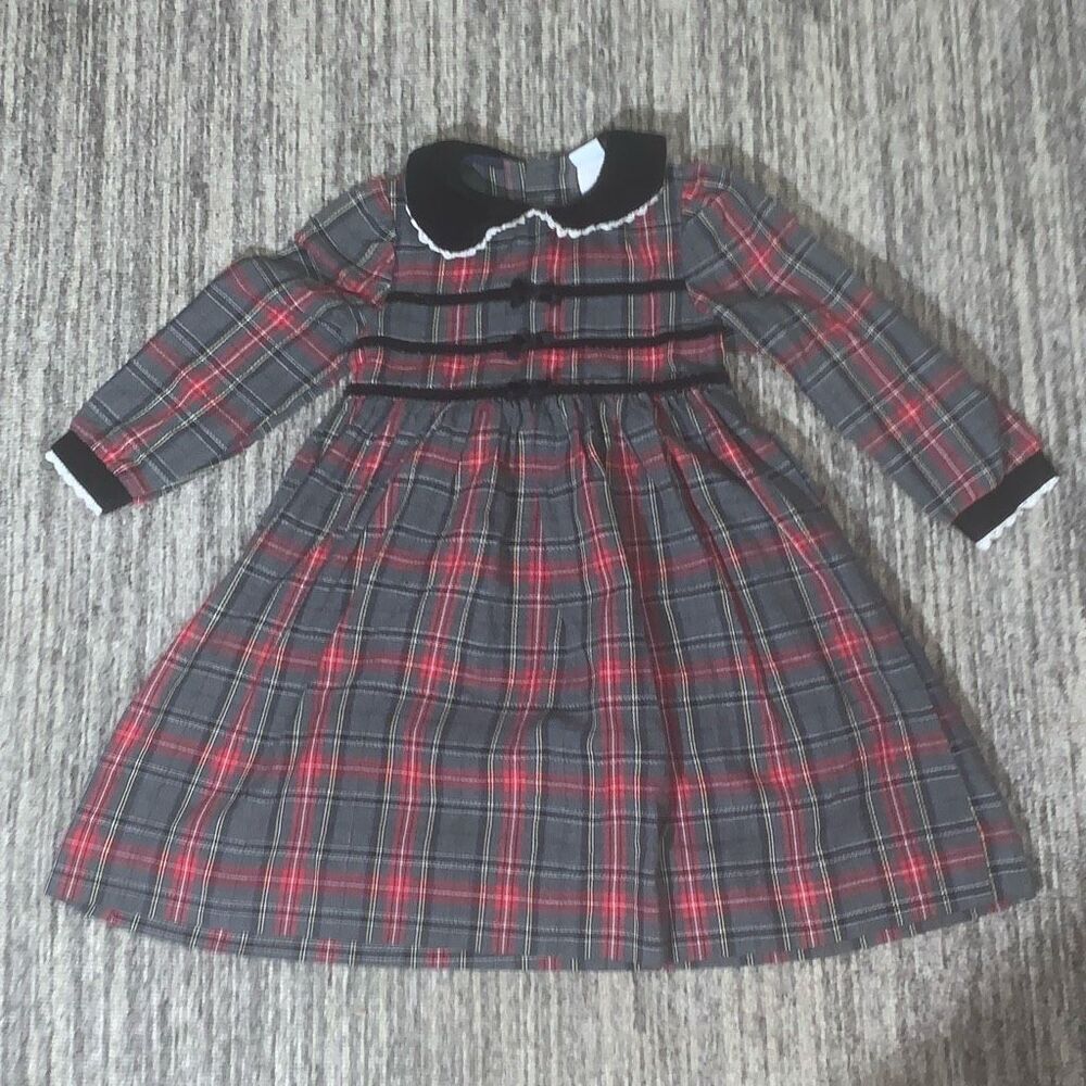 Vintage Peaches N‎ Cream Girls 4 Velvet Trim Collar Cuffs Dress Red Gray Plaid